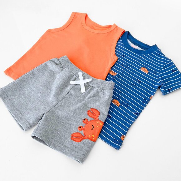 NWT Cute Boys 3 Piece Matching Set T-shirts & Shorts Crab Blue & Orange 24M - Picture 2 of 2